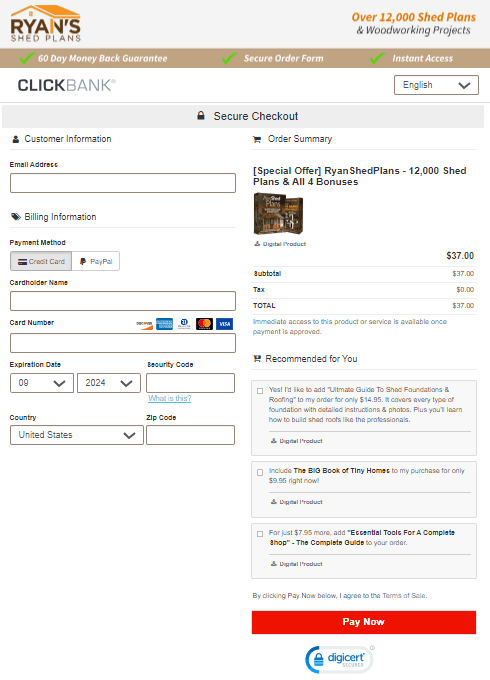 Ryan Shed Plans Checkout Page